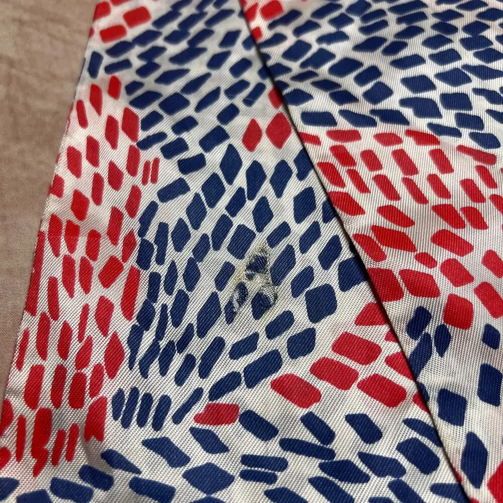 Vintage 70s Geometric Ascot Scarf Red Blue Tie Satin Retro CostumeDisco Hippie